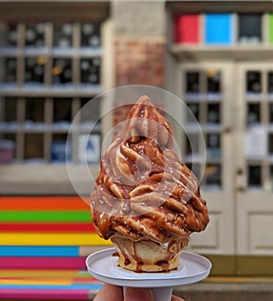 A delicious chocolate salted caramel coated vanilla Soft serve.