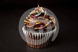 delicious chocolaty treat, with swirls of frosting and sprinkles