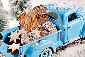 Delicious Christmas cookies in back of toy truck