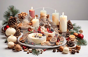 Delicious christmas food and candle assortment on white background