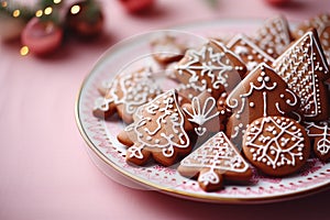 Delicious Christmas gingerbread cookies with pink icing for a sweet holiday