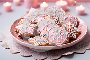 Delicious Christmas gingerbread cookies with pink icing for a sweet holiday