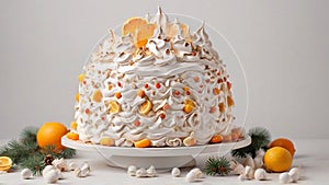 Delicious christmas meringue cake with citrus on white background