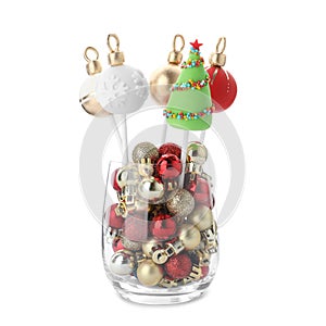 Delicious Christmas themed cake pops in vase isolated on white