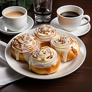 Delicious Cinnamon Buns With Icing And Coffee photo