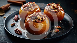 Delicious cinnamon pecan baked apples on black plate