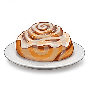 Delicious Cinnamon Roll on White Plate with Pixel Art Design Illustration