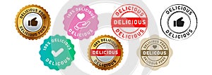 delicious circle stamp and sela badge label sticker sign for yummy cuisine food