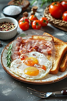 A delicious classic breakfast meal consisting of fried eggs, crispy bacon strips, and golden toast