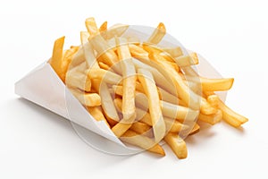 Delicious Classic French Fries Served in a Crispy Paper Packet, Isolated on a Clean White Background