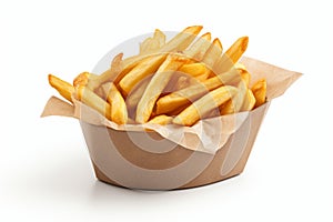 Delicious Classic French Fries Served in a Crispy Paper Packet, Isolated on a Clean White Background