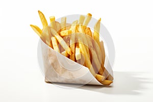 Delicious Classic French Fries Served in a Crispy Paper Packet, Isolated on a Clean White Background