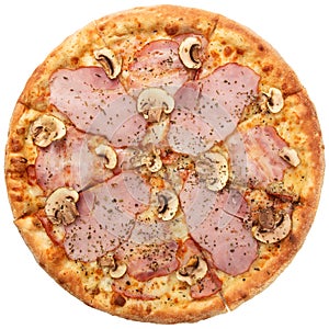 Delicious classic italian Pizza with bacon, mushrooms and cheese mozzarella