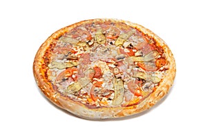 Delicious classic italian Pizza with bacon, tomatoes, cucumbers, mushrooms and cheese