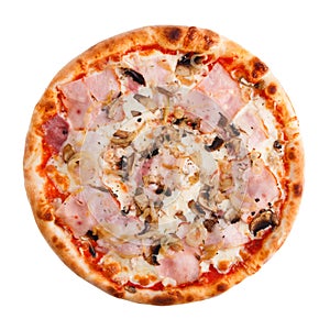 Delicious classic italian pizza with ham, onion, mushroom and cheese