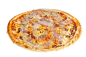 Delicious classic italian pizza with ham, sausages, corn, cucumbers and cheese