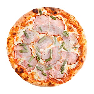 Delicious classic italian pizza with ham, vegetables, asparagus bean and cheese