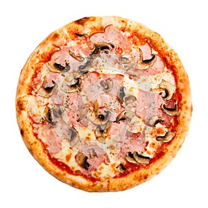 Delicious classic italian pizza with ham, vegetables, mushroom and cheese