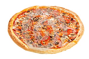Delicious classic italian pizza with ham, vegetables, mushroom and cheese