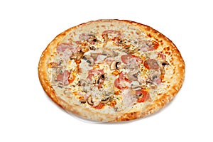 Delicious classic italian pizza with Mozzarella, ham, pepperoni sausage and mushrooms