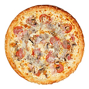 Delicious classic italian pizza with Mozzarella, ham, pepperoni sausage and mushrooms