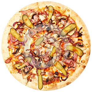 Delicious classic italian pizza with mozzarella, hunting sausages, ham, pickled cucumbers and onion