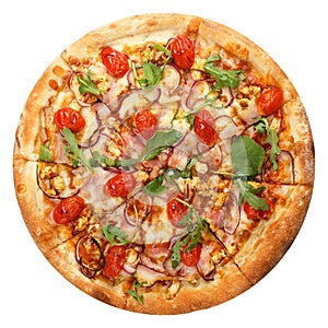 Delicious classic italian pizza with Mozzarella, peppers, tomatoes, onions, olives and arugula