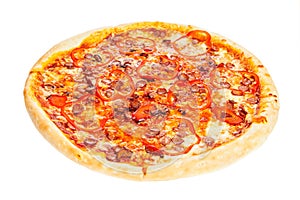 Delicious classic italian Pizza with spicy sausages, pepper, garlic and cheese.