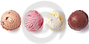 Delicious close up texture of four scooped ice cream variations on a white background