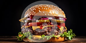 Delicious Closeup of a Tasty Cheeseburger with Fresh Lettuce, Juicy Beef Patty, Melted Cheddar Cheese, and Tangy Tomato