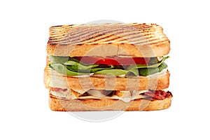 Delicious club sandwich with chicken and bacon on white