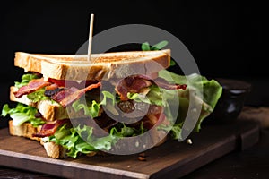 Delicious Club Sandwich with Crispy Bacon and Fresh Lettuce on a Toasted Bread, Perfect for a Quick Bite or a Casual Lunch