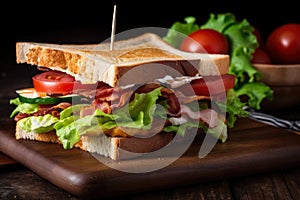 Delicious Club Sandwich with Crispy Bacon and Fresh Lettuce on a Toasted Bread, Perfect for a Quick Bite or a Casual Lunch