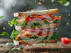 a delicious club sandwich, floating in the air, blurred background, layered onions tomatoes and cheese