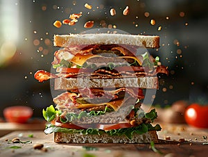 a delicious club sandwich, floating in the air, blurred background, layered onions tomatoes and cheese