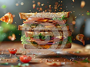 a delicious club sandwich, floating in the air, blurred background, layered onions tomatoes and cheese