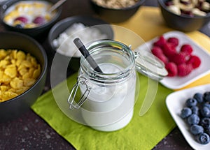 delicious coconut milk with coconut flakes in preserving jar