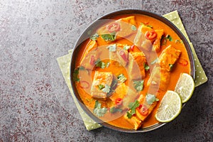 Delicious coconut tomato fish curry with Asian spices and chili pepper close-up on a plate. Horizontal top view