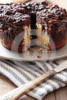 Delicious coffee cake on table