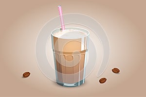 Delicious coffee drink in a transparent cup with milk foam and a straw. An invigorating beverage made of milk and coffee. Vector i