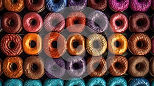 Delicious colorful donuts background. Illustration of delicious food