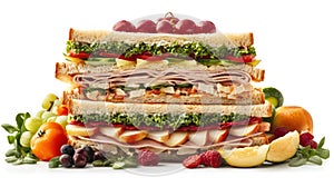 Delicious and colorful multi-layered sandwich with fresh vegetables and meats, surrounded by assorted fruits and berries, ideal photo