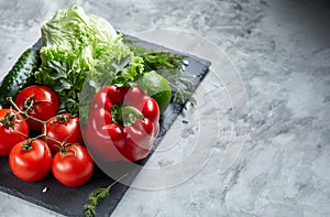 Delicious composition of assorted fresh vegetables and herbs on white textured background, top view, selective focus.