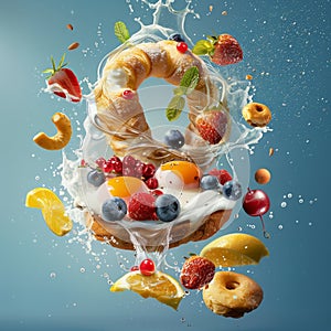 delicious continental breakfast floating in the air, professional food photography, studio background, advertising photography,