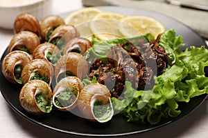 Delicious cooked snails served on white table, closeup