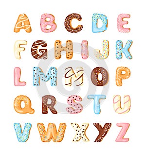 Delicious cookies flat alphabet vector set. Sweet baking cartoon font. Creative gingerbread typography design photo