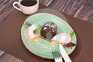 Delicious and cooling dessert marmara fountain with a cup of aromatic coffee.