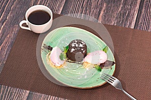 Delicious and cooling dessert marmara fountain with a cup of aromatic coffee.