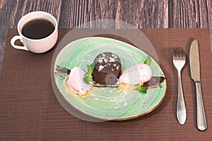 Delicious and cooling dessert marmara fountain with a cup of aromatic coffee.