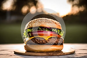 A delicious craft cheese hamburger deluxe on a wooden park table, outdoor nature setting at the park, generative ai
